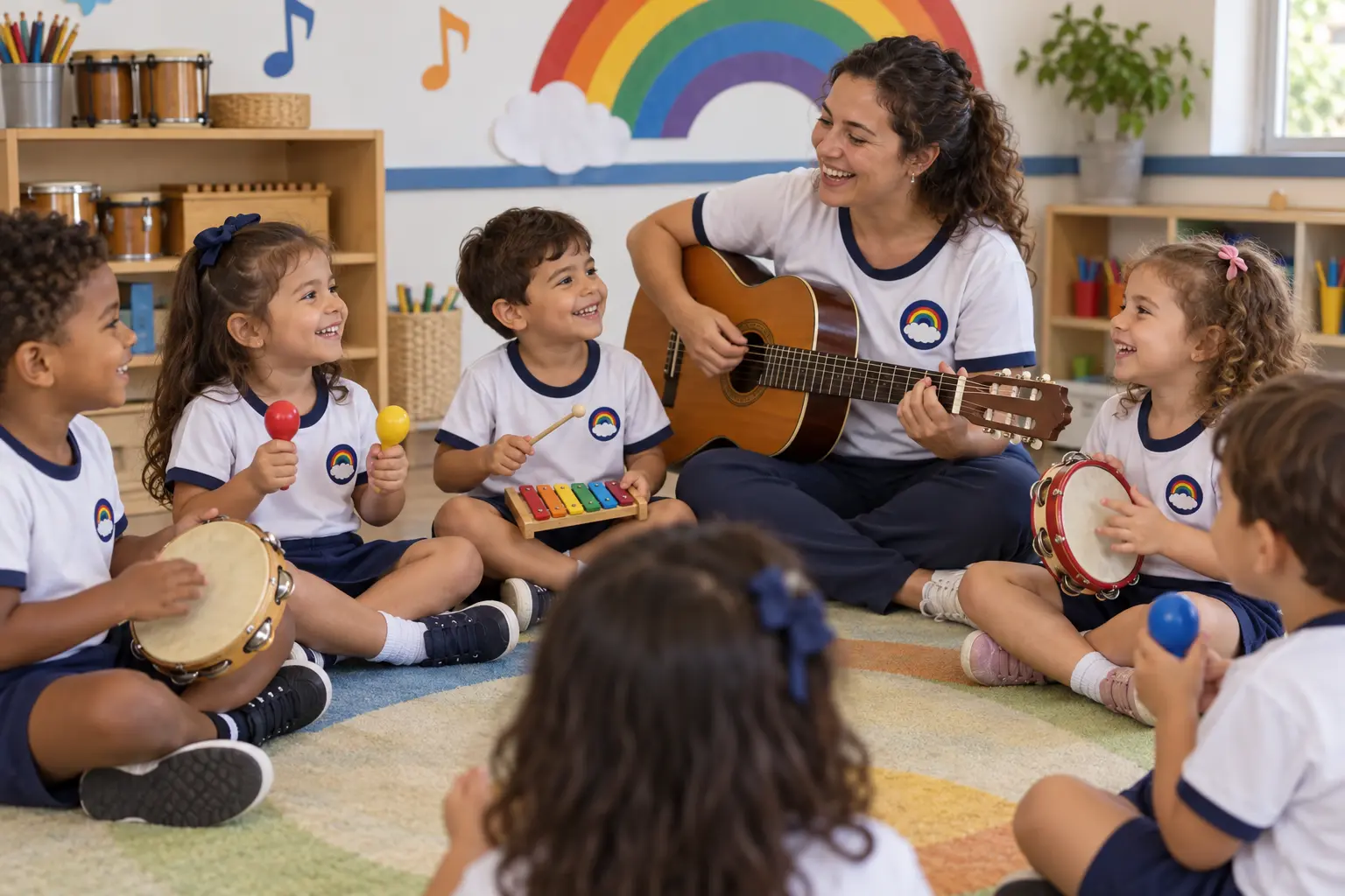 Professora tocando violão com crianças da Educação Infantil na aula de musicalização