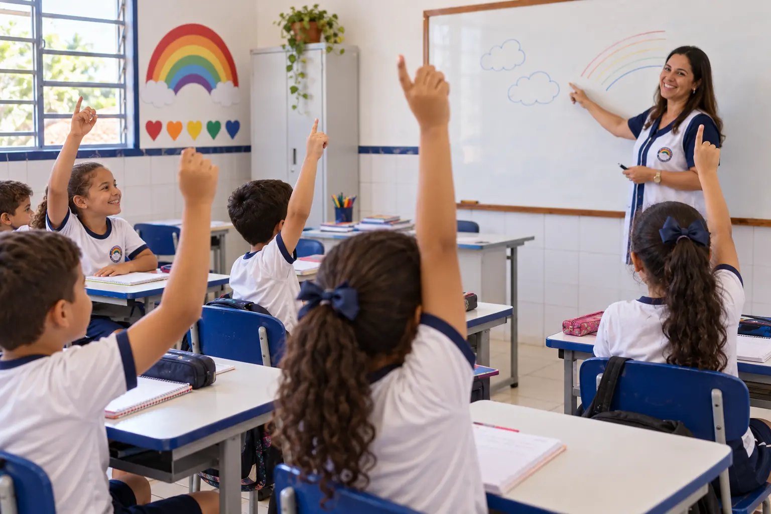Alunos levantando a mão para responder à professora em sala de aula